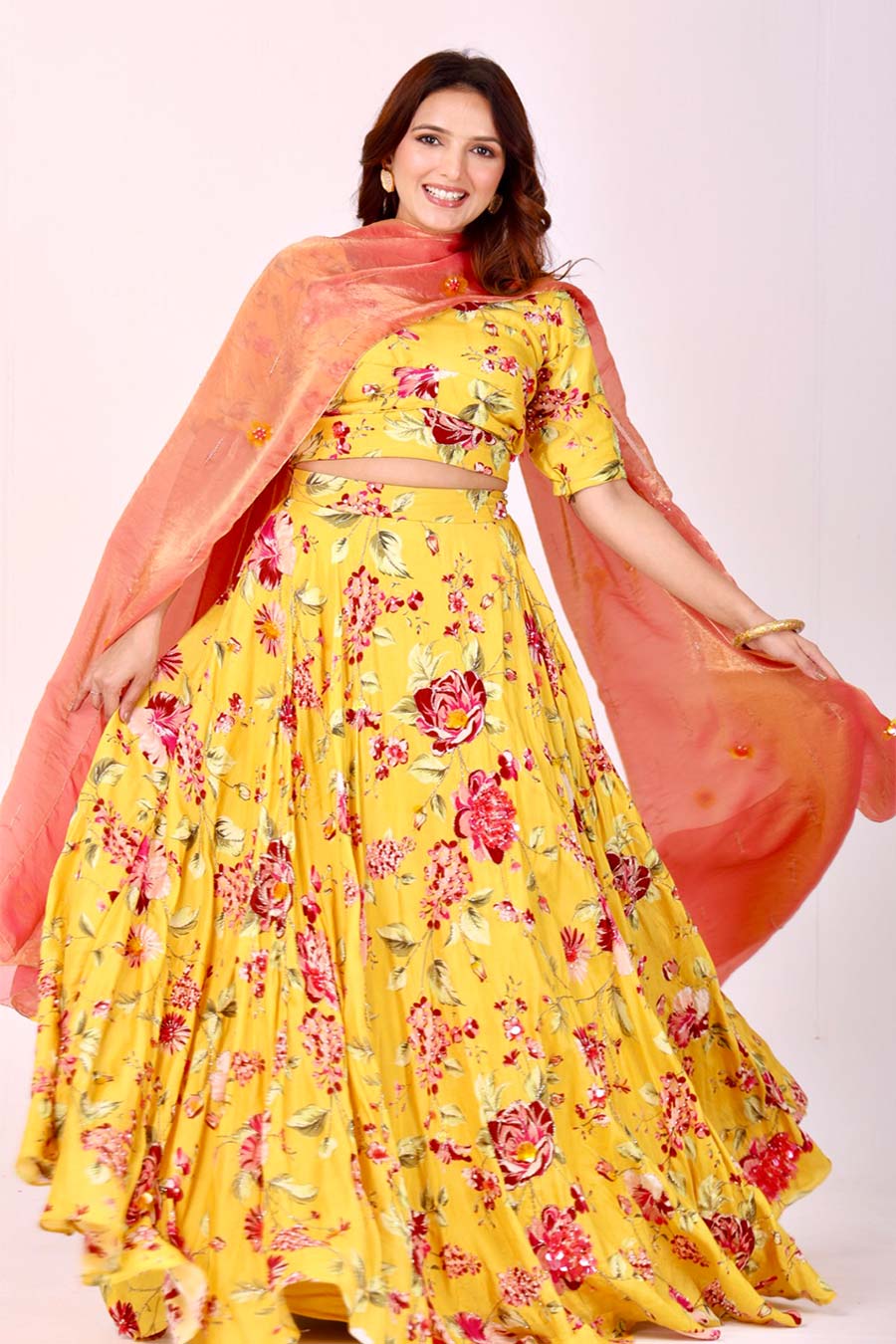 Yellow Embroidered Floral Lehenga Set With Organza Dupatta
