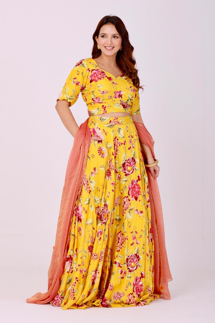 Yellow Embroidered Floral Lehenga Set With Organza Dupatta