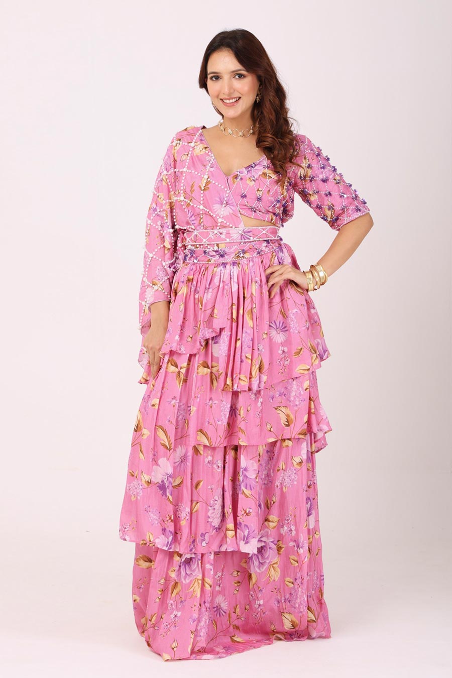 Pink Pre-Drape Ruffle Saree With Embroidered Blouse & Belt