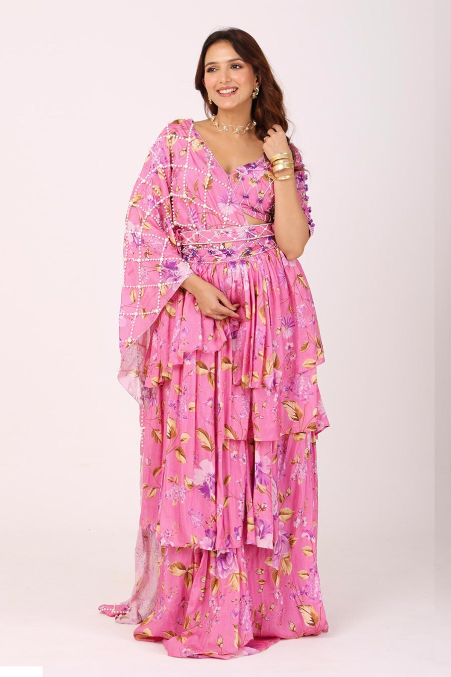Pink Pre-Drape Ruffle Saree With Embroidered Blouse & Belt