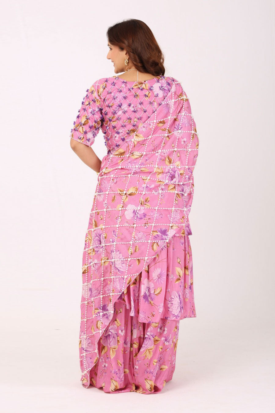 Pink Pre-Drape Ruffle Saree With Embroidered Blouse & Belt