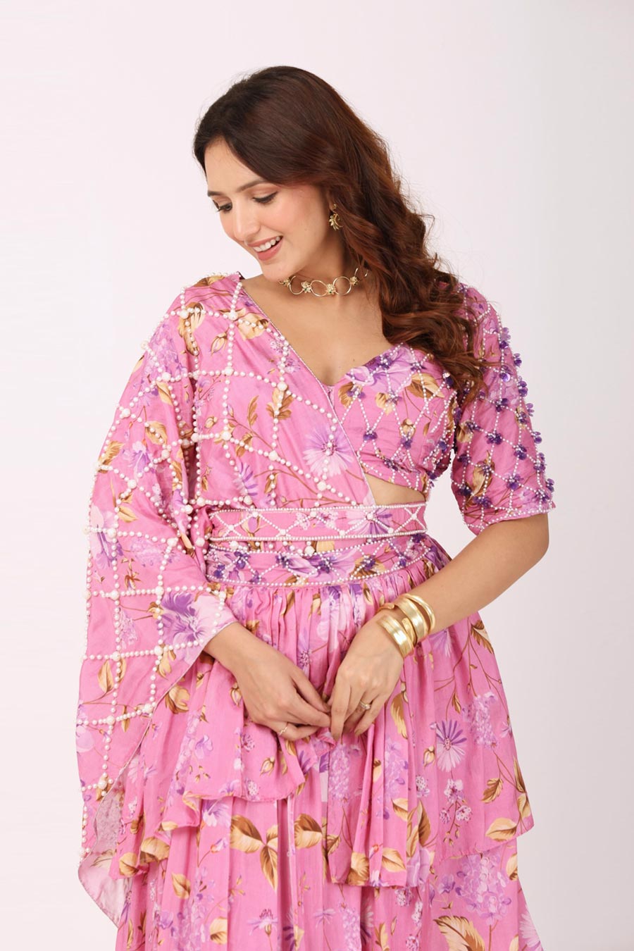 Pink Pre-Drape Ruffle Saree With Embroidered Blouse & Belt