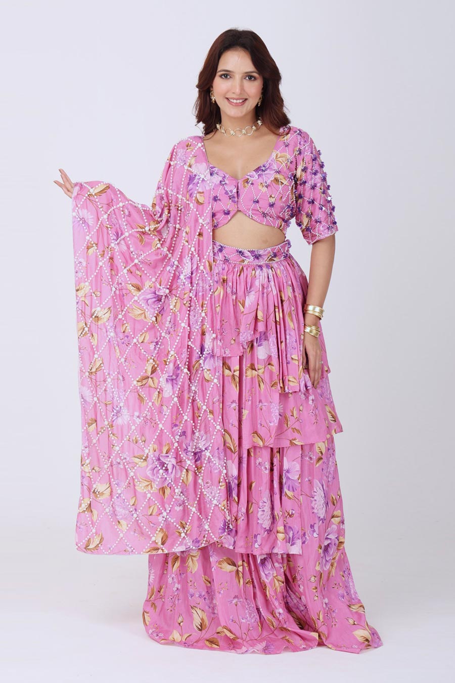 Pink Embroidered Blouse With Ruffle Skirt & Belt