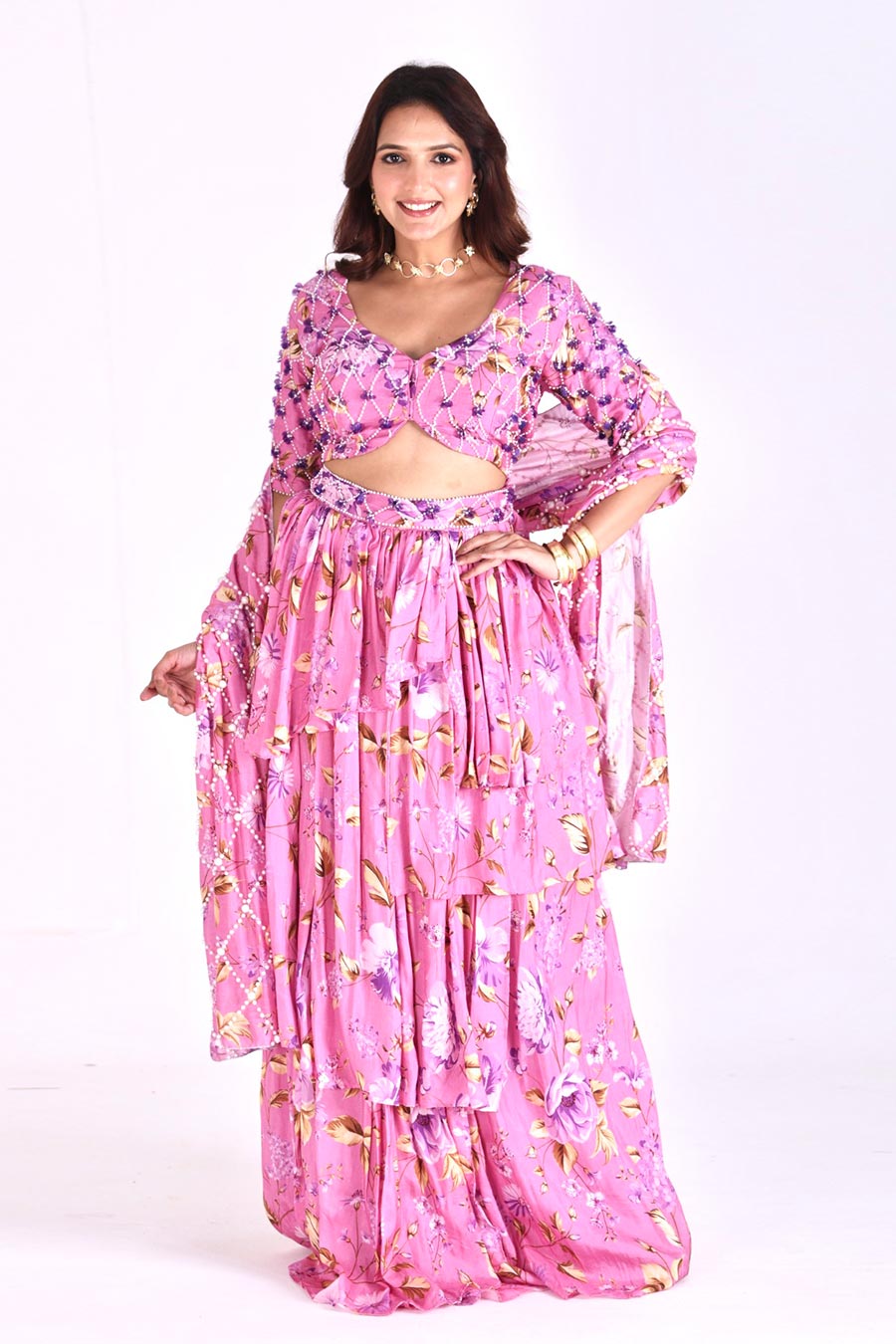 Pink Embroidered Blouse With Ruffle Skirt & Belt