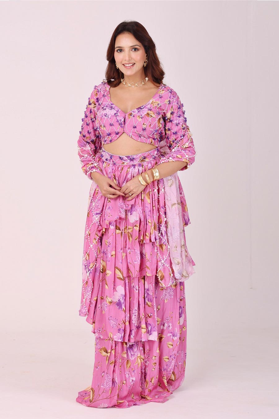 Pink Embroidered Blouse With Ruffle Skirt & Belt