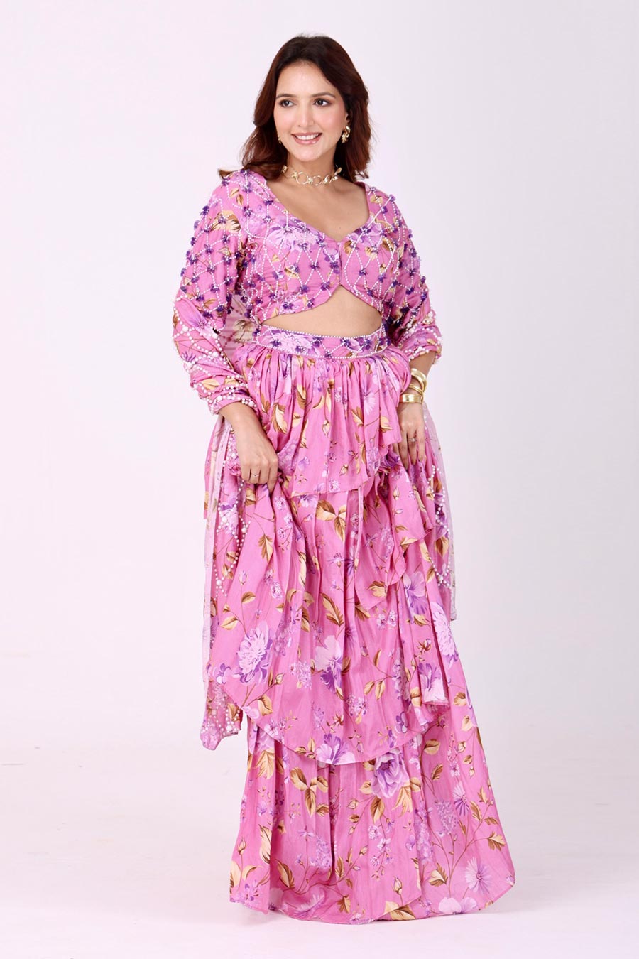 Pink Embroidered Blouse With Ruffle Skirt & Belt