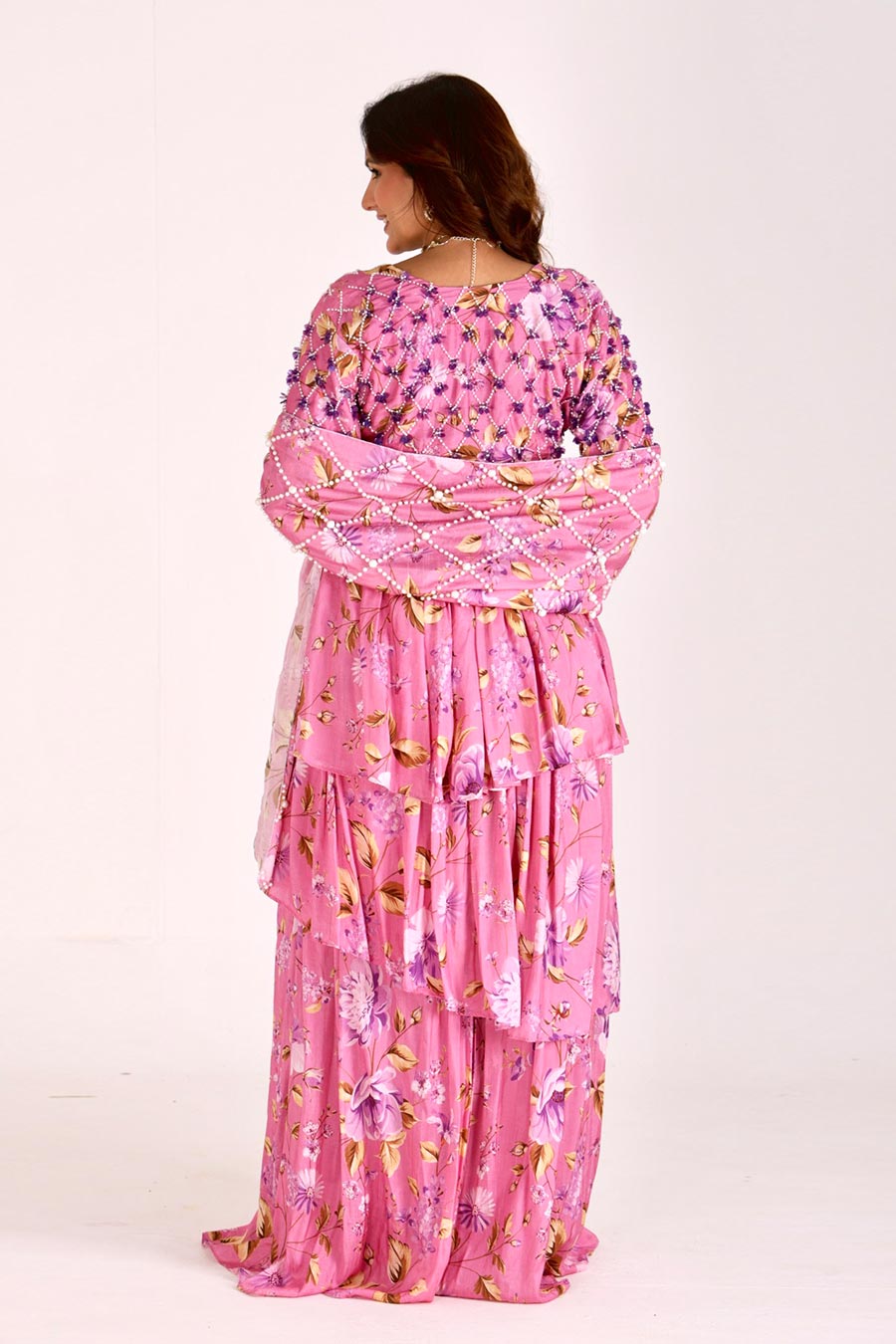 Pink Embroidered Blouse With Ruffle Skirt & Belt