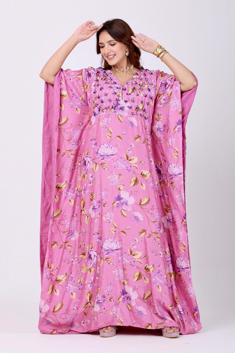 Pink Floral Embroidered Kaftan Dress