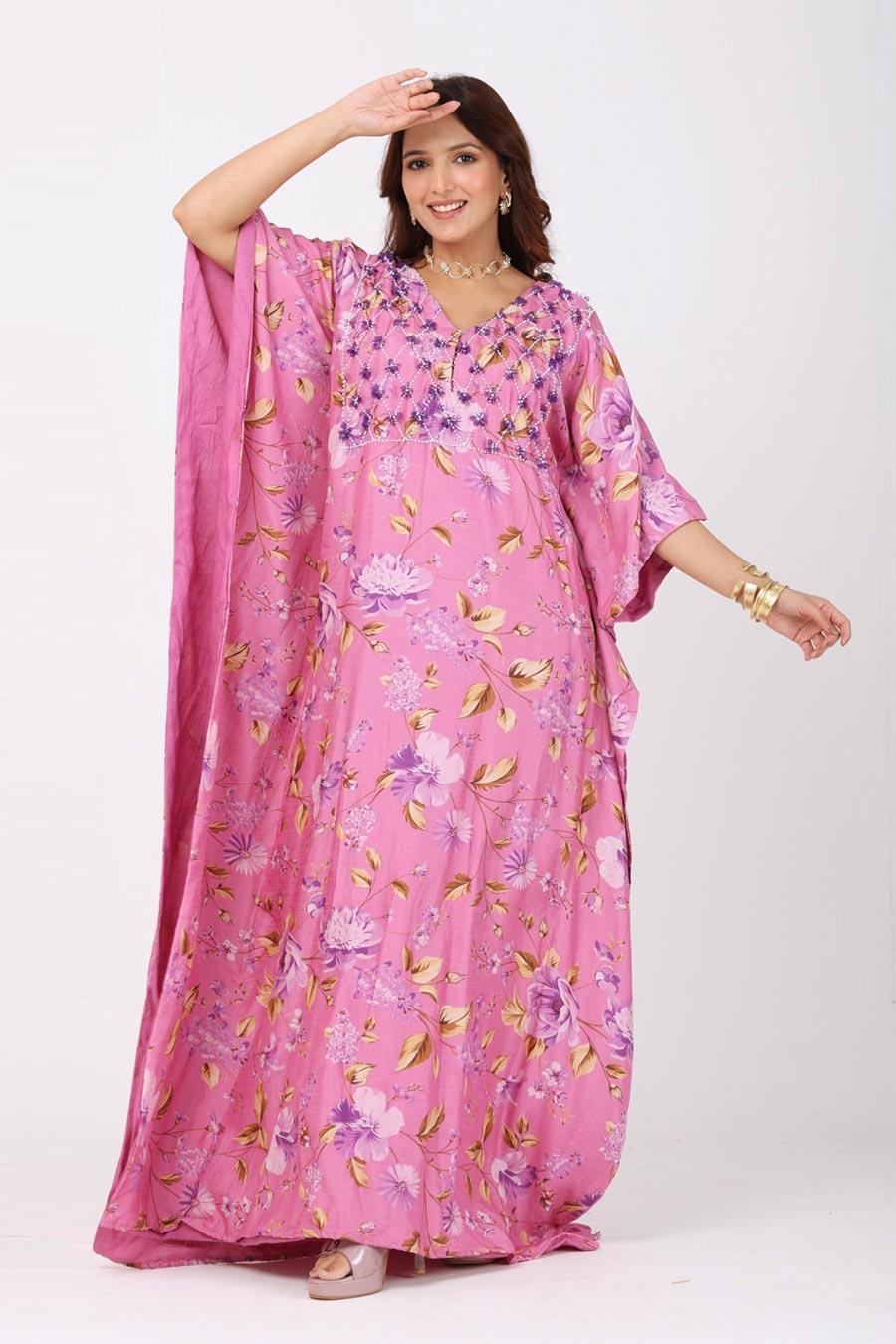 Pink Floral Embroidered Kaftan Dress