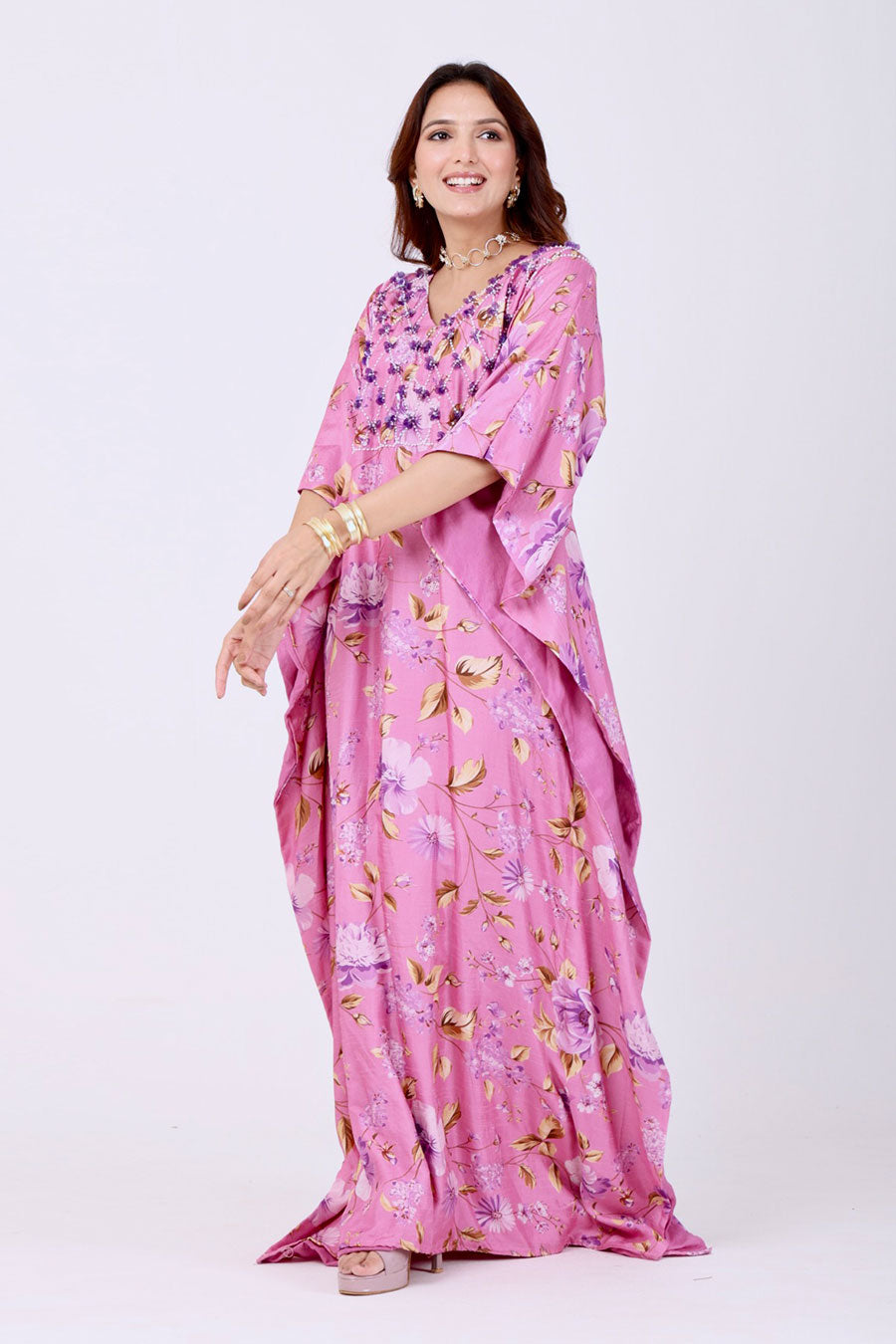 Pink Floral Embroidered Kaftan Dress