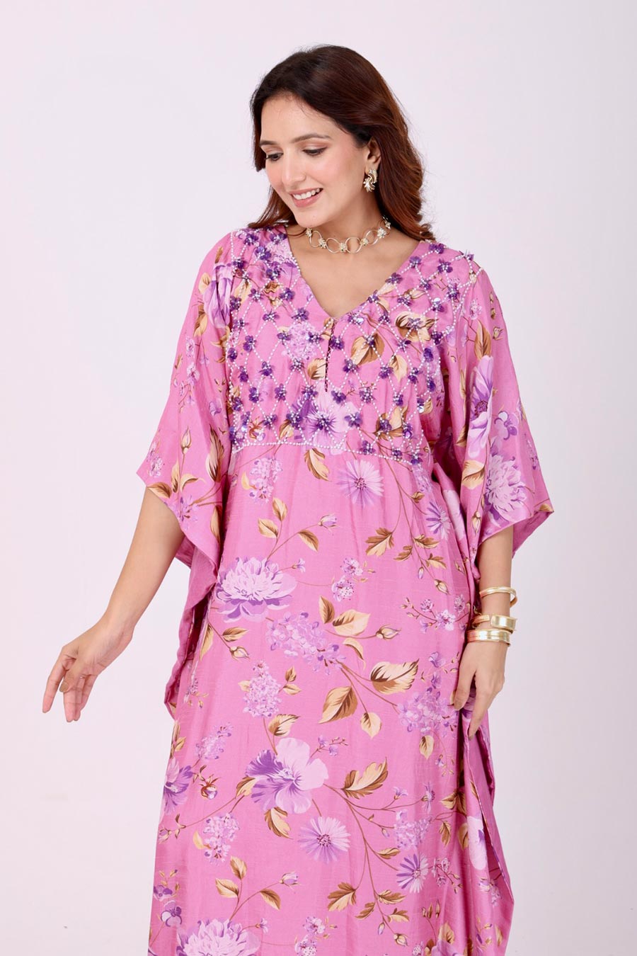Pink Floral Embroidered Kaftan Dress
