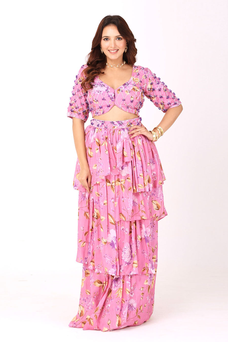 Pink Embroidered Blouse With Ruffle Skirt