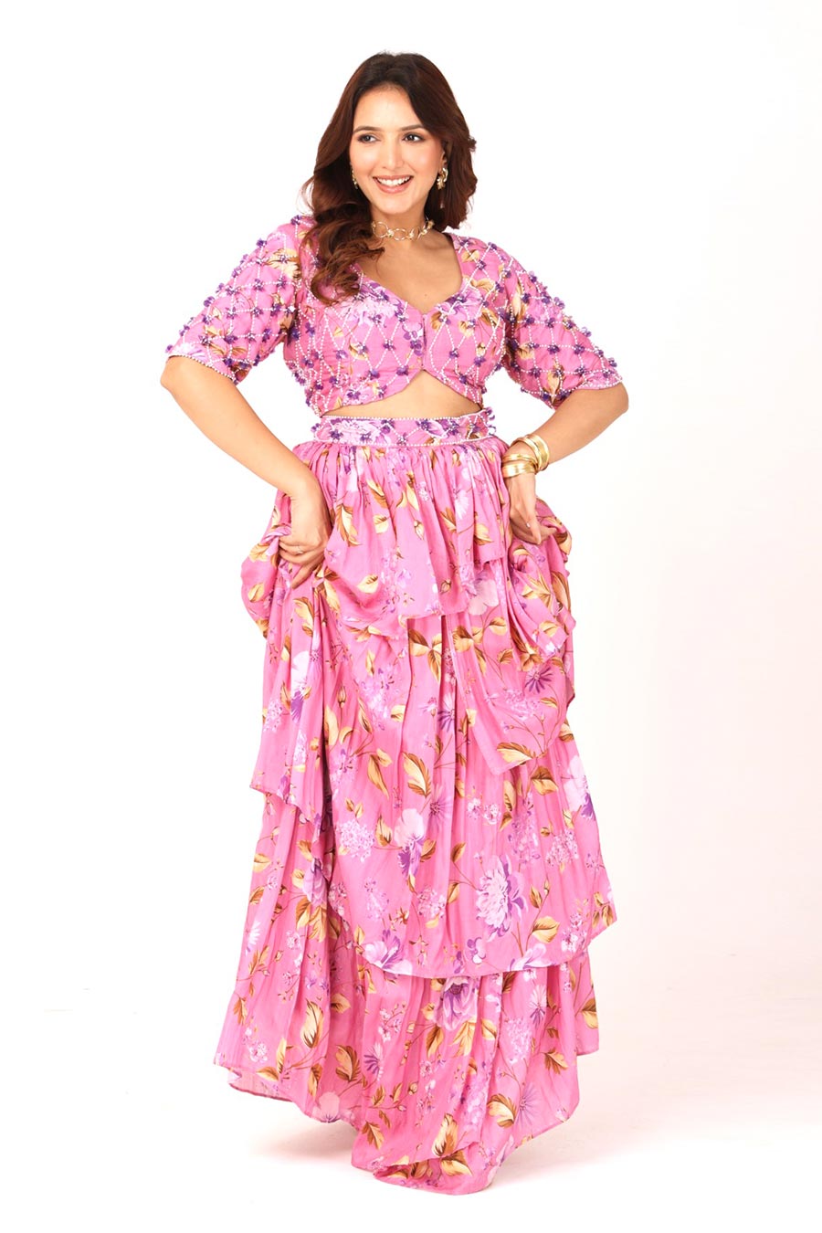 Pink Embroidered Blouse With Ruffle Skirt