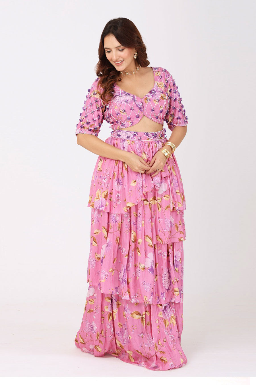 Pink Embroidered Blouse With Ruffle Skirt