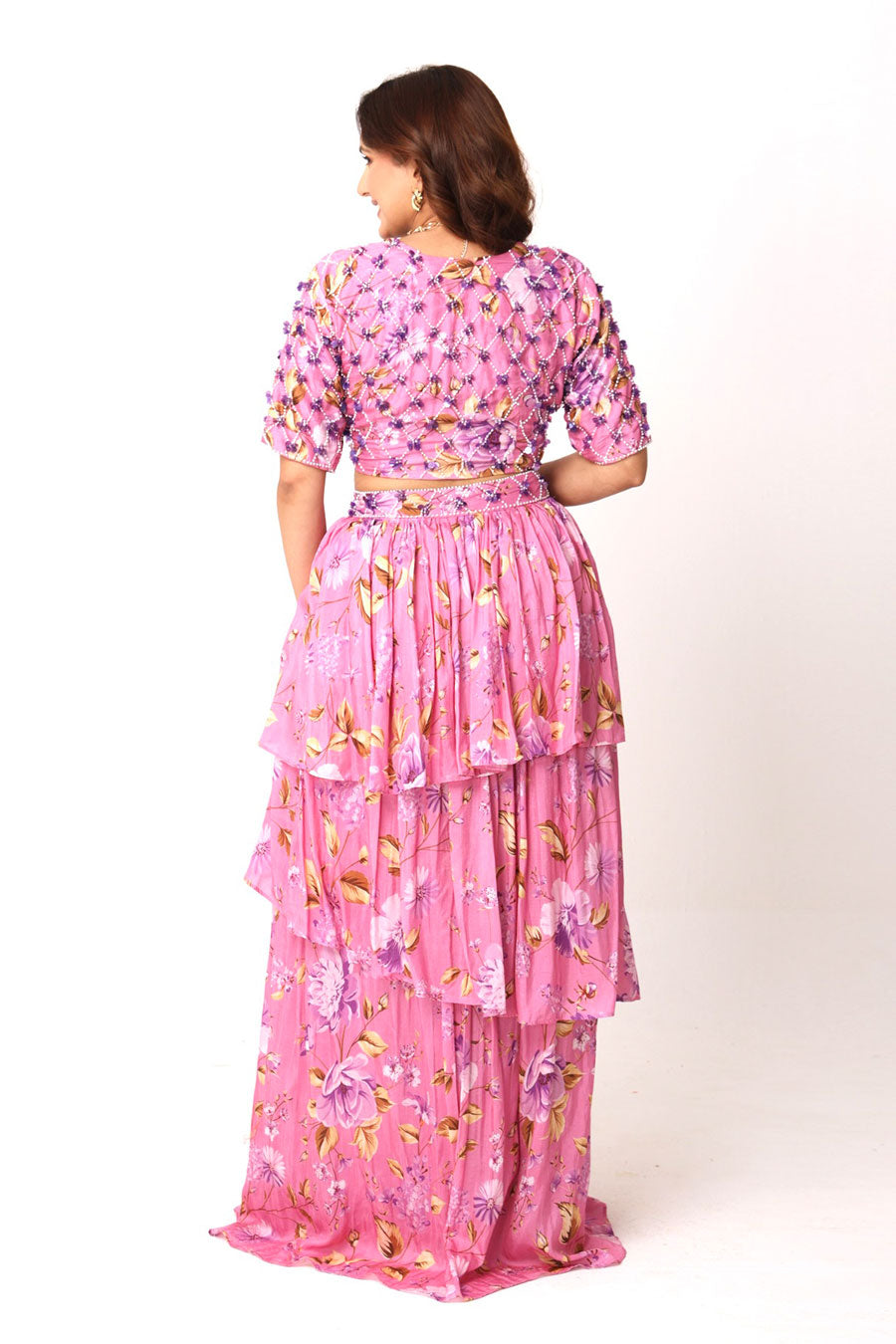 Pink Embroidered Blouse With Ruffle Skirt