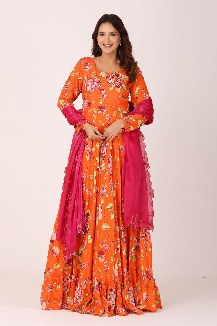 Orange Floral Embroidered Anarkali With Organza Dupatta