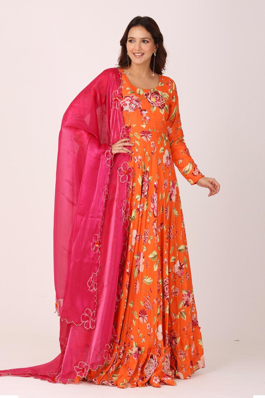 Orange Floral Embroidered Anarkali With Organza Dupatta