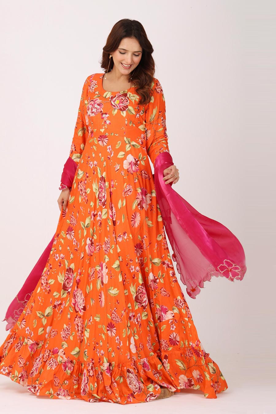 Orange Floral Embroidered Anarkali With Organza Dupatta