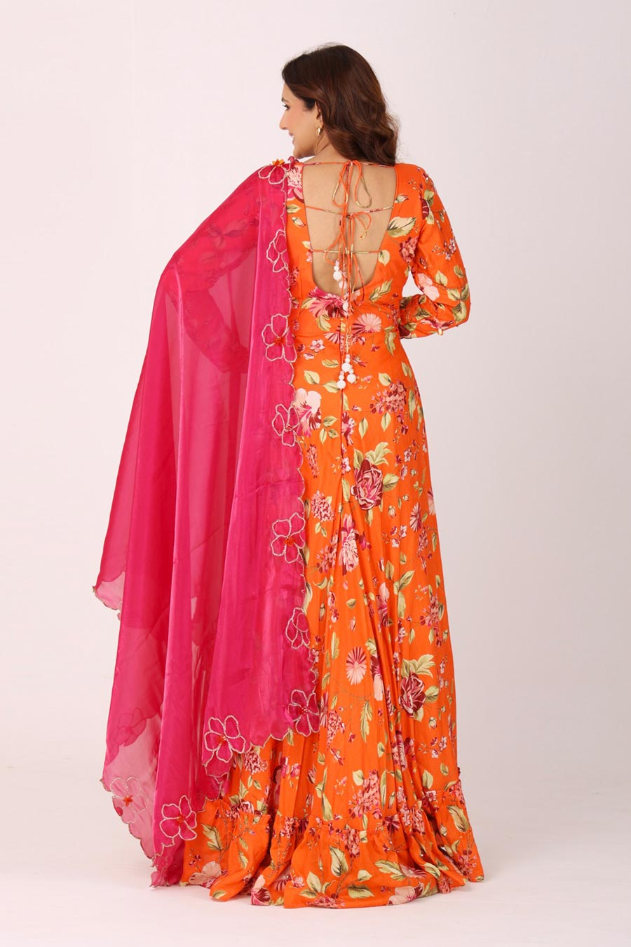 Orange Floral Embroidered Anarkali With Organza Dupatta