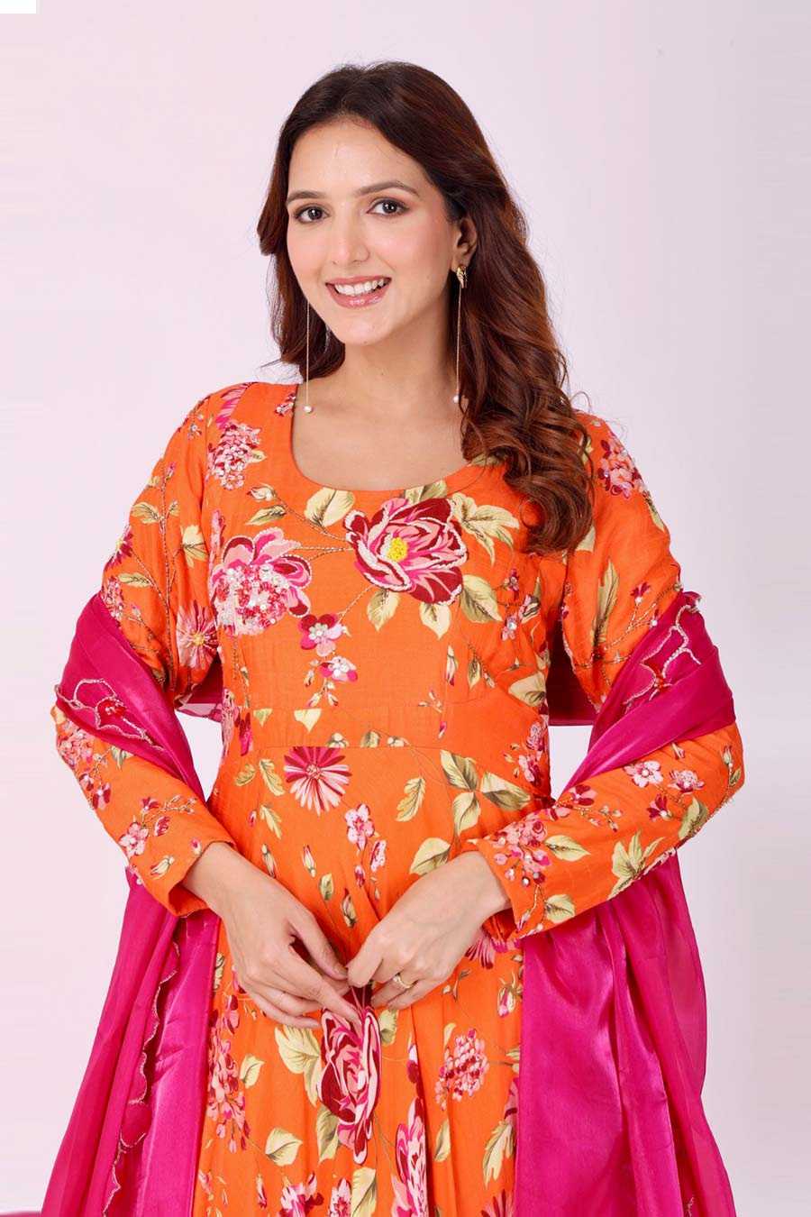 Orange Floral Embroidered Anarkali With Organza Dupatta