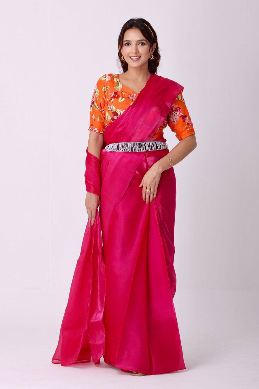 Fuchsia Organza Saree With Embroidered Blouse & Belt