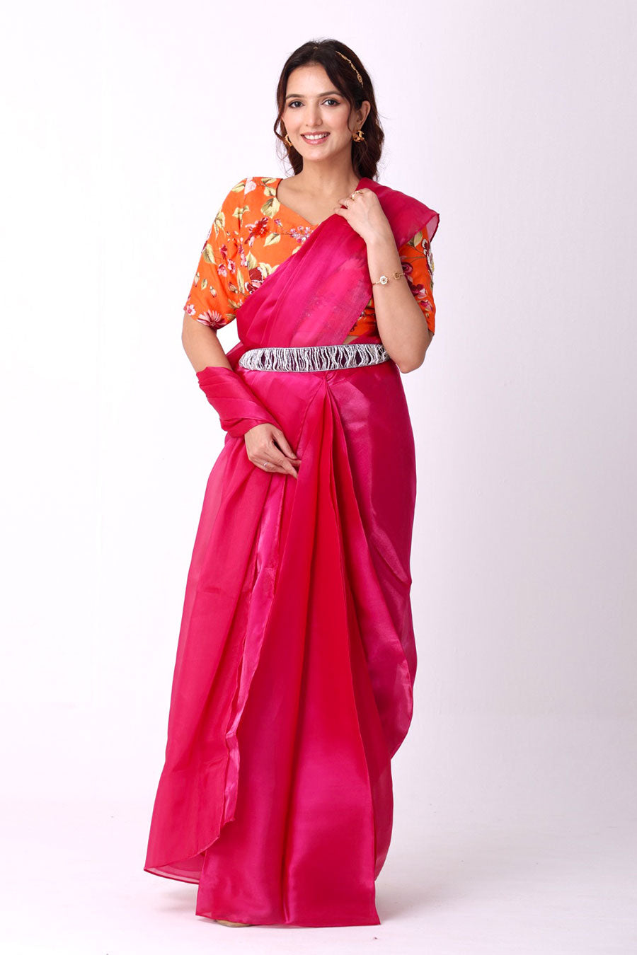 Fuchsia Organza Saree With Embroidered Blouse & Belt
