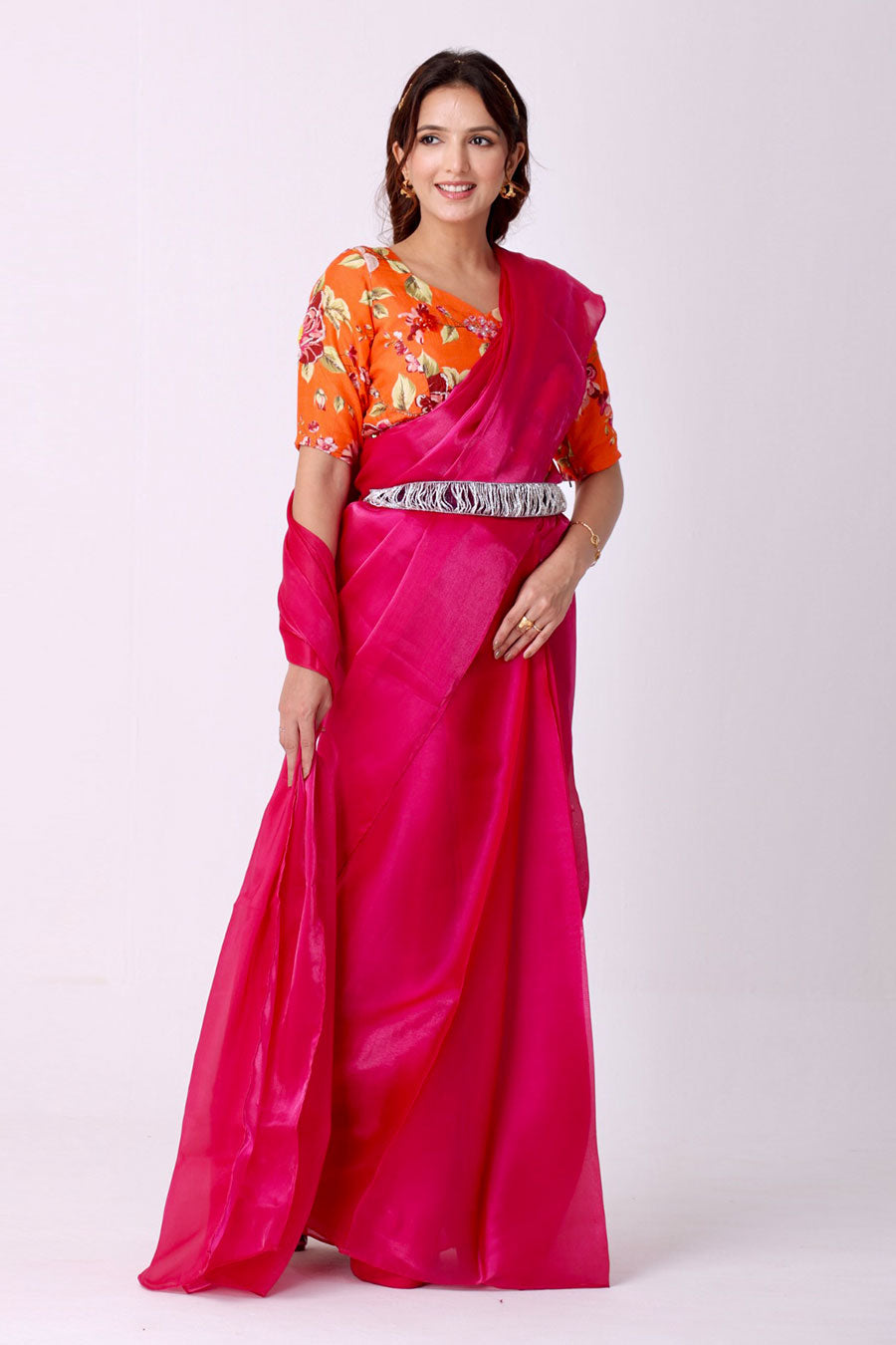 Fuchsia Organza Saree With Embroidered Blouse & Belt