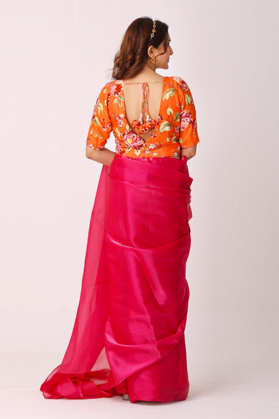 Fuchsia Organza Saree With Embroidered Blouse & Belt