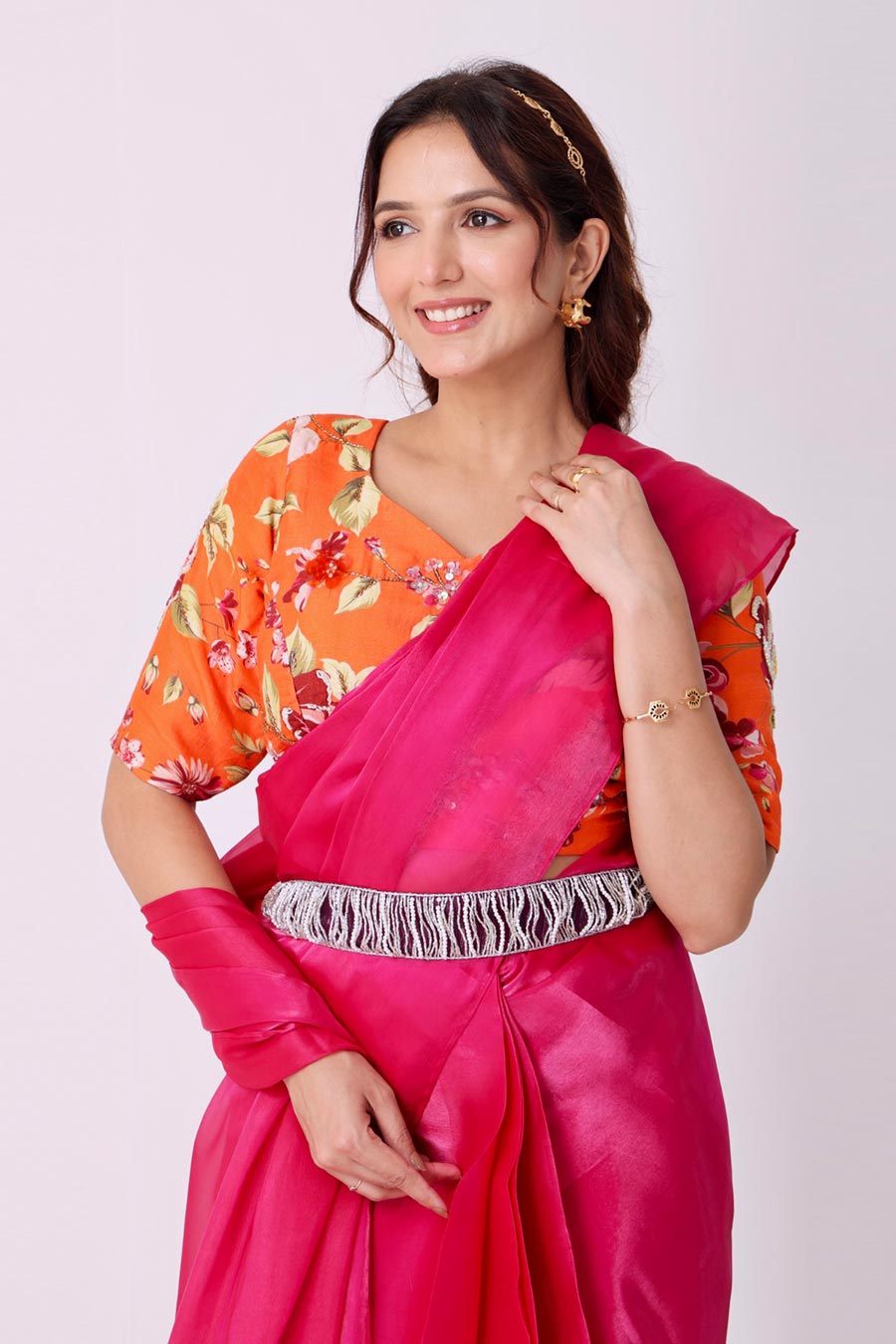 Fuchsia Organza Saree With Embroidered Blouse & Belt