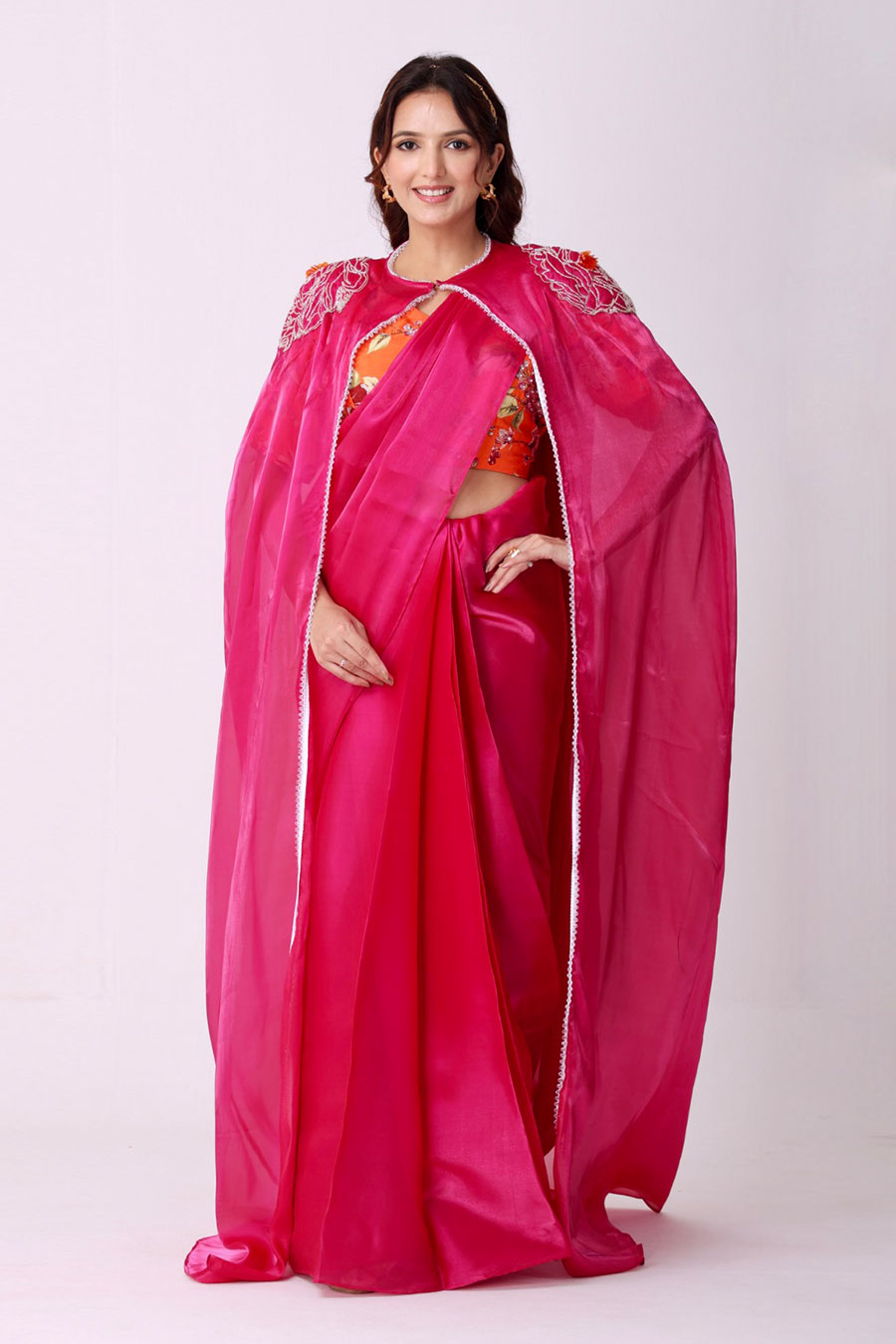 Fuchsia Organza Saree & Blouse Set With Cape & Belt