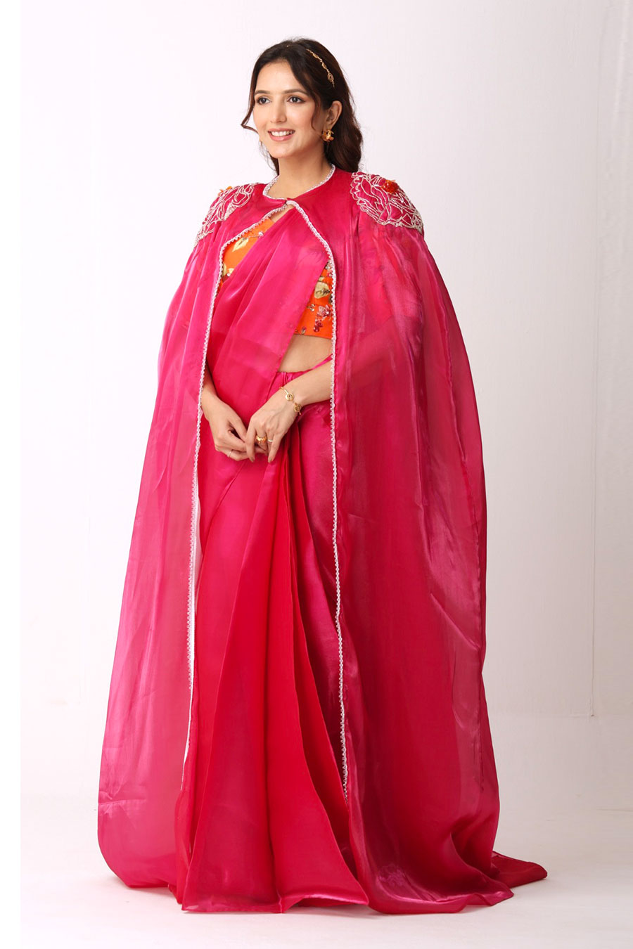 Fuchsia Organza Saree & Blouse Set With Cape & Belt