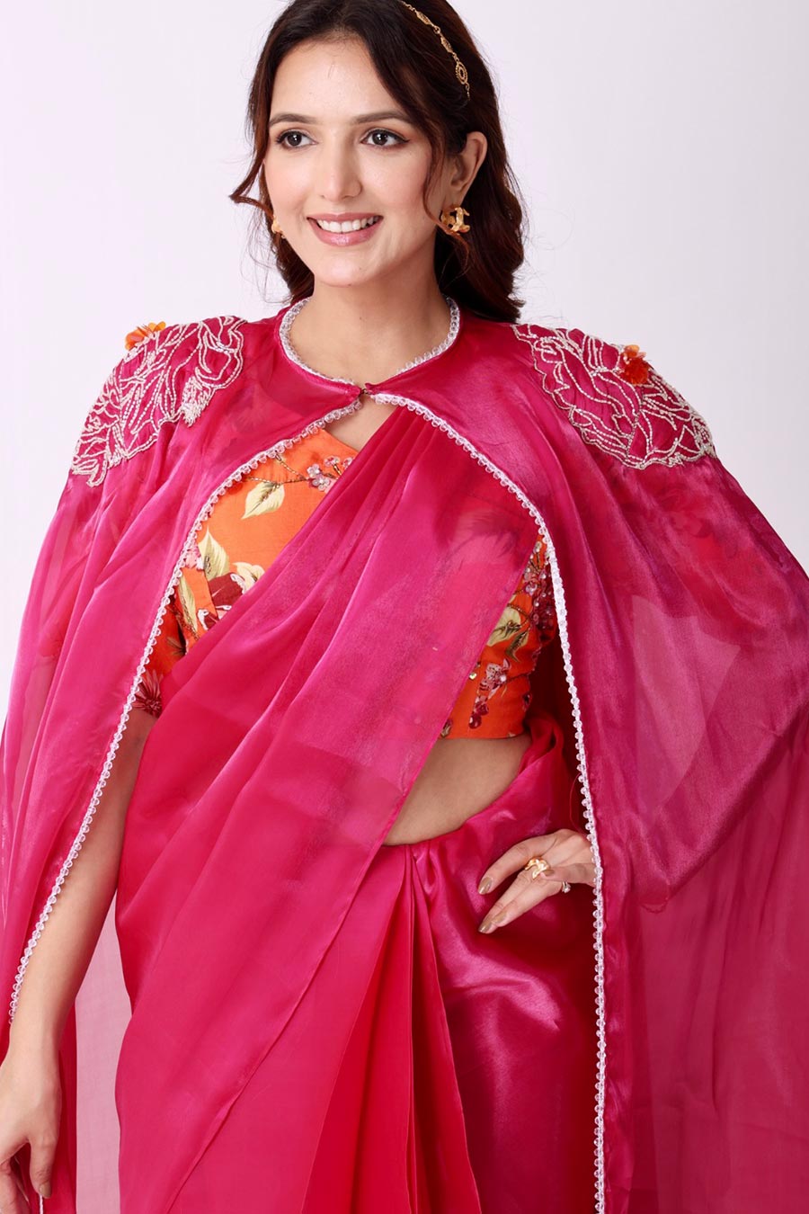 Fuchsia Organza Saree & Blouse Set With Cape & Belt