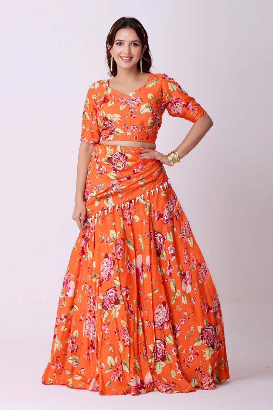 Orange Floral Embroidered Silk Top & Lehenga Set