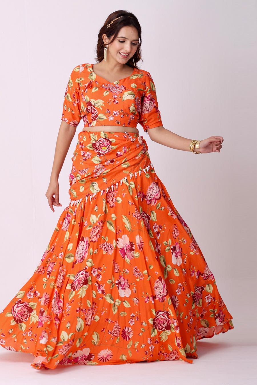 Orange Floral Embroidered Silk Top & Lehenga Set