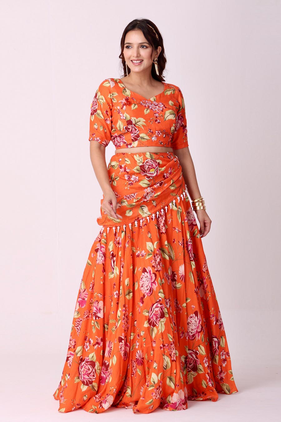 Orange Floral Embroidered Silk Top & Lehenga Set