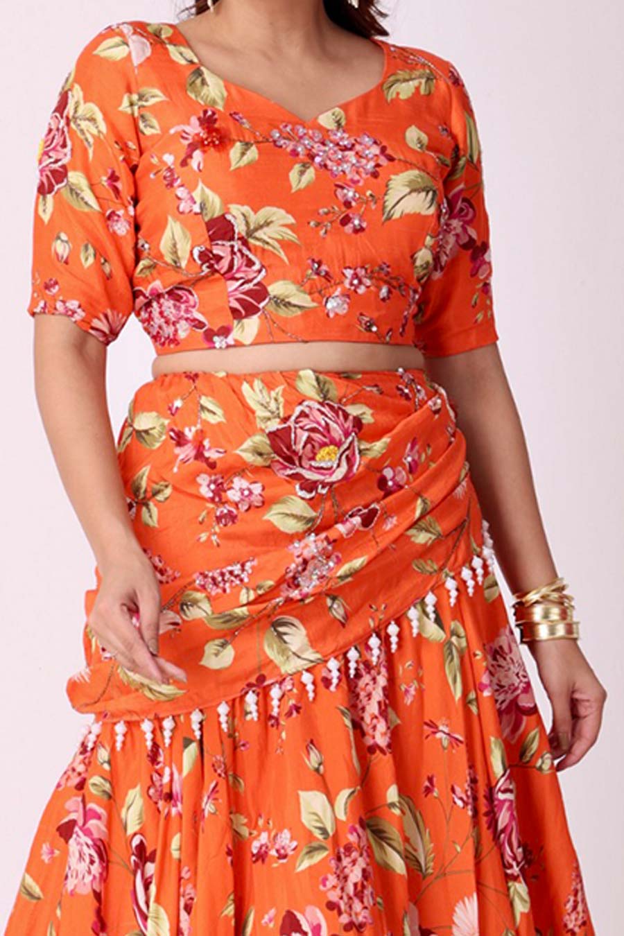 Orange Floral Embroidered Silk Top & Lehenga Set