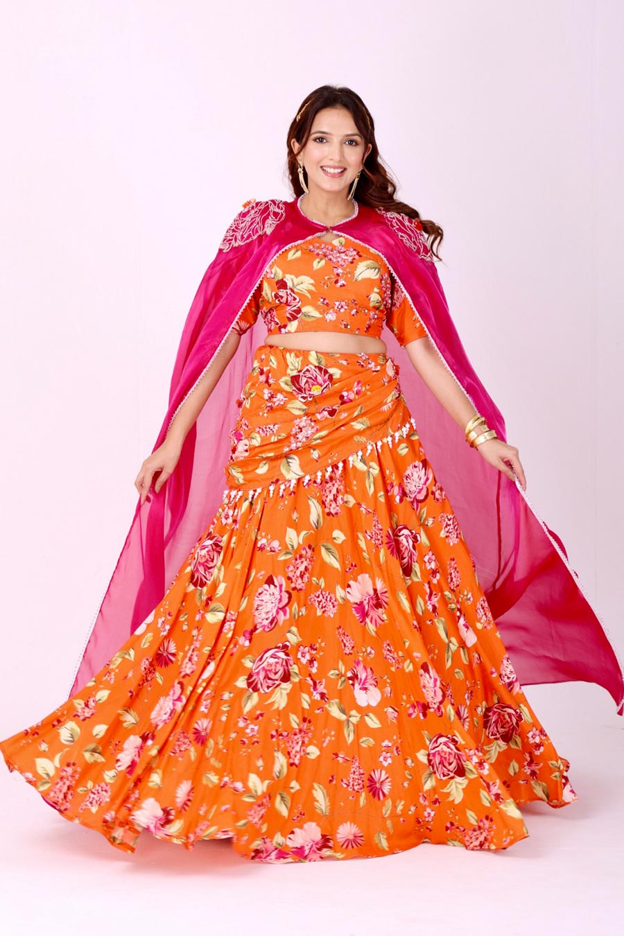 Orange Floral Embroidered Lehenga Set With Organza Cape