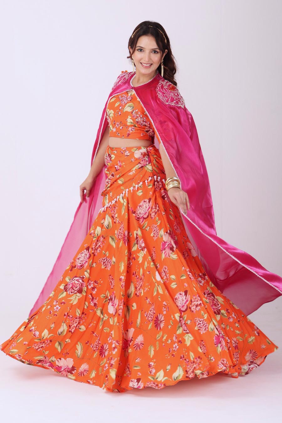 Orange Floral Embroidered Lehenga Set With Organza Cape