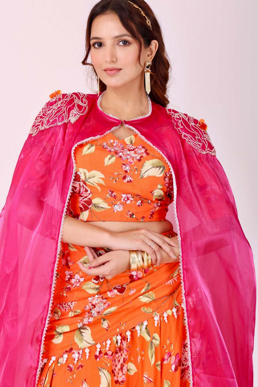 Orange Floral Embroidered Lehenga Set With Organza Cape