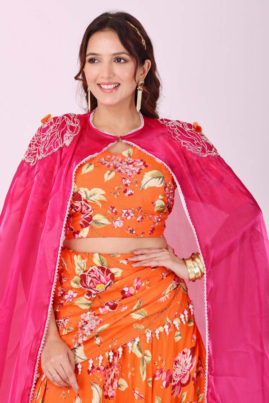 Orange Floral Embroidered Lehenga Set With Organza Cape