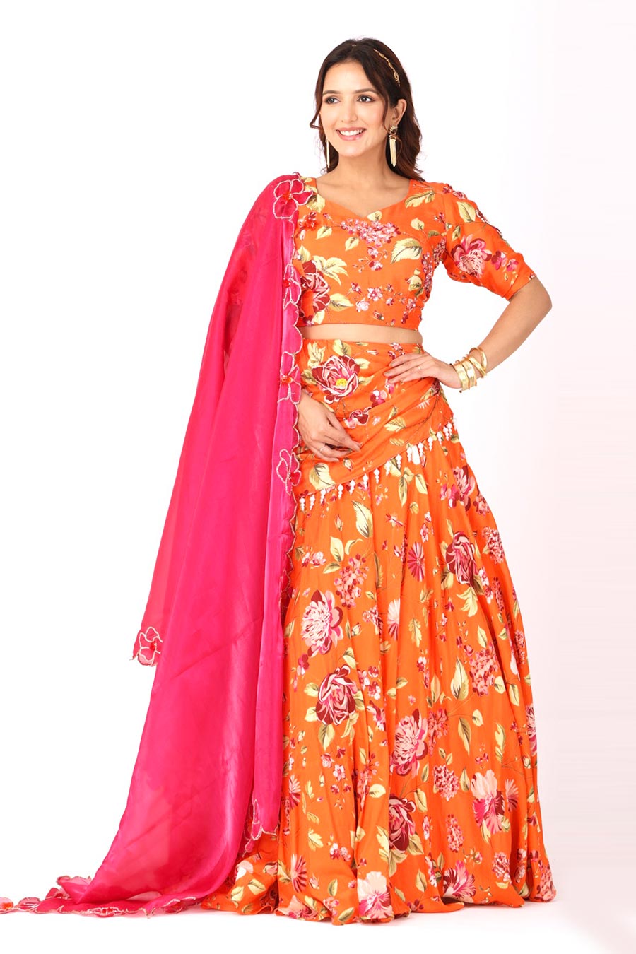 Orange Floral Embroidered Lehenga Set With Organza Dupatta