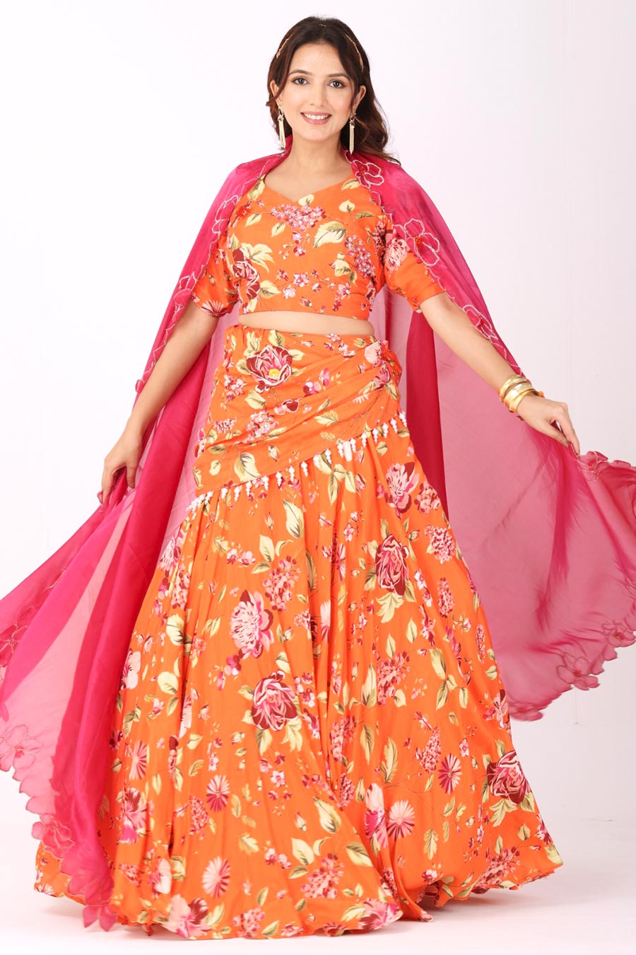 Orange Floral Embroidered Lehenga Set With Organza Dupatta