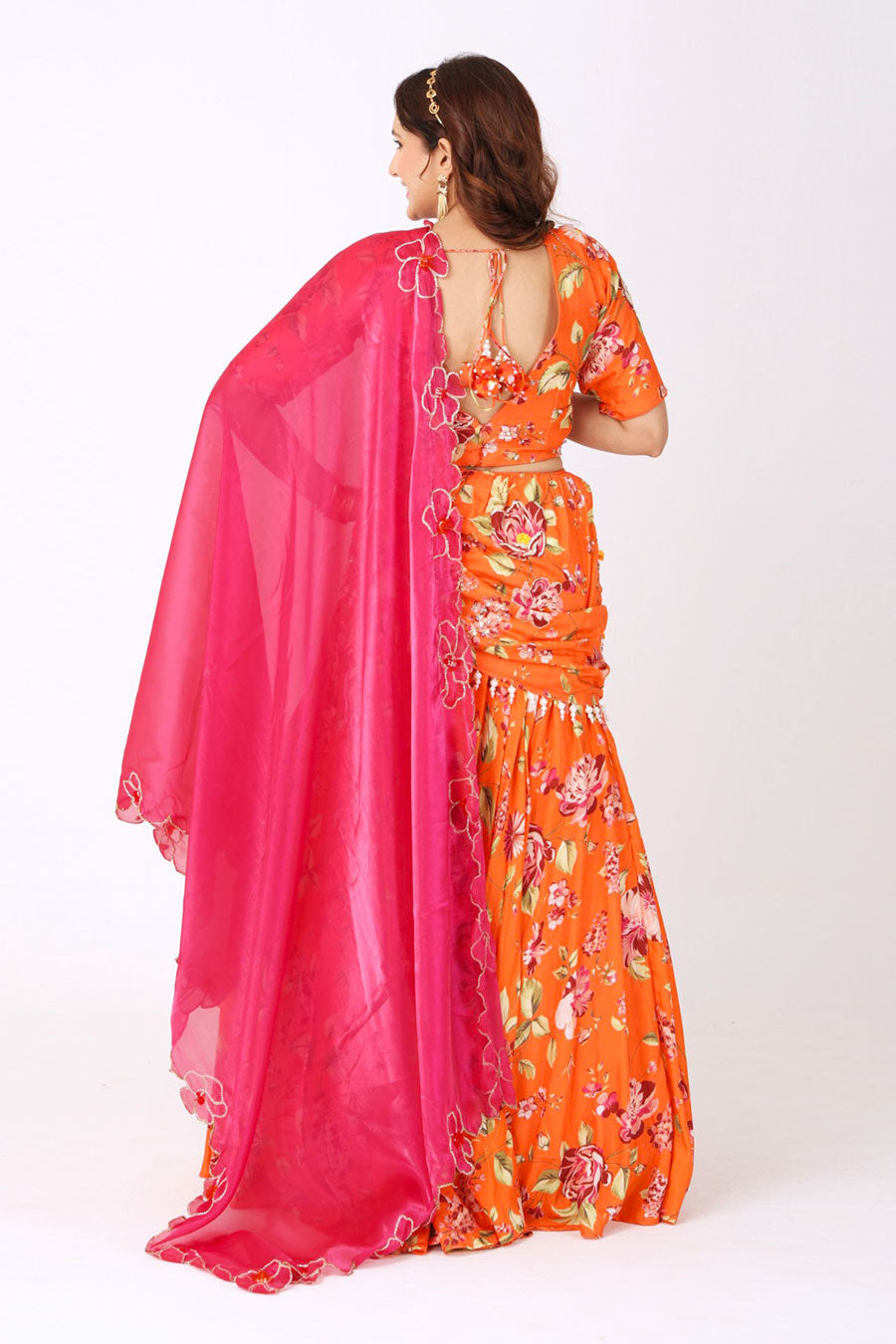 Orange Floral Embroidered Lehenga Set With Organza Dupatta