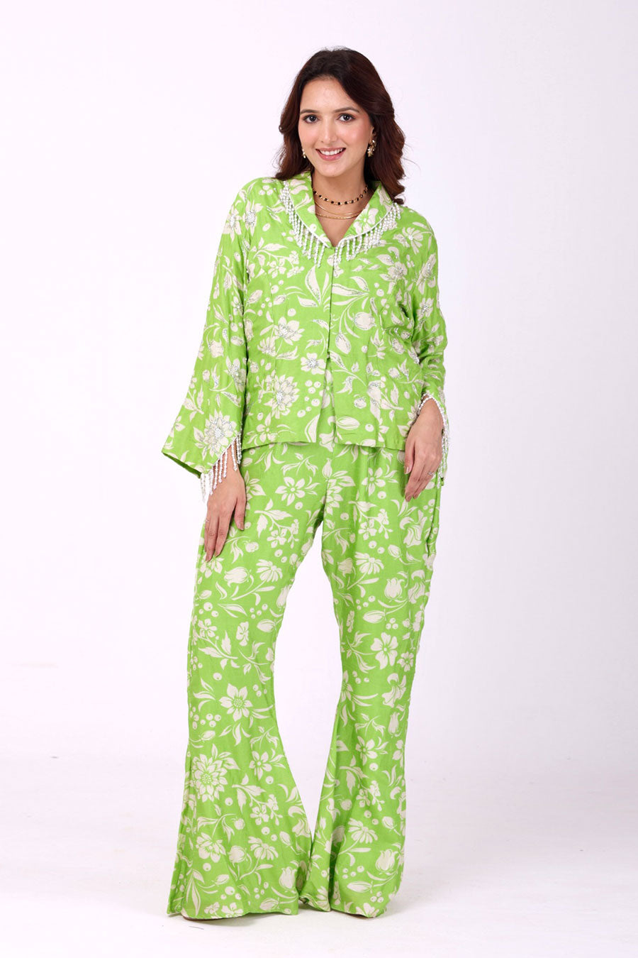 Green Floral Embroidered Jacket & Pant Set