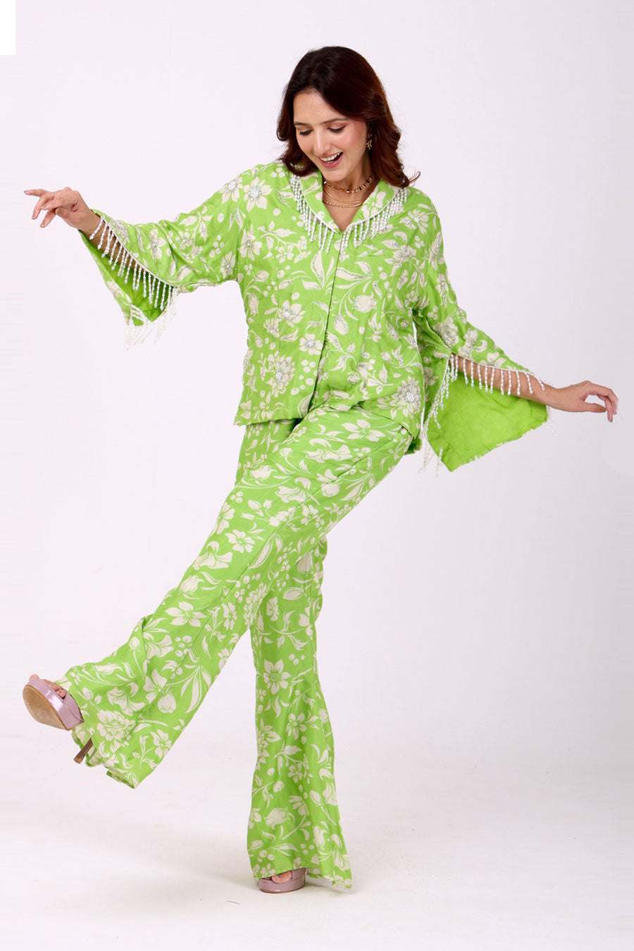 Green Floral Embroidered Jacket & Pant Set