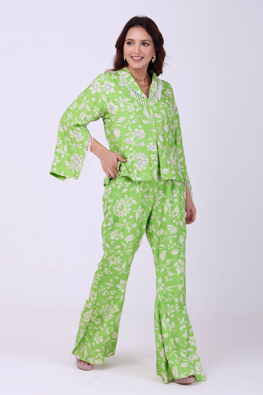 Green Floral Embroidered Jacket & Pant Set