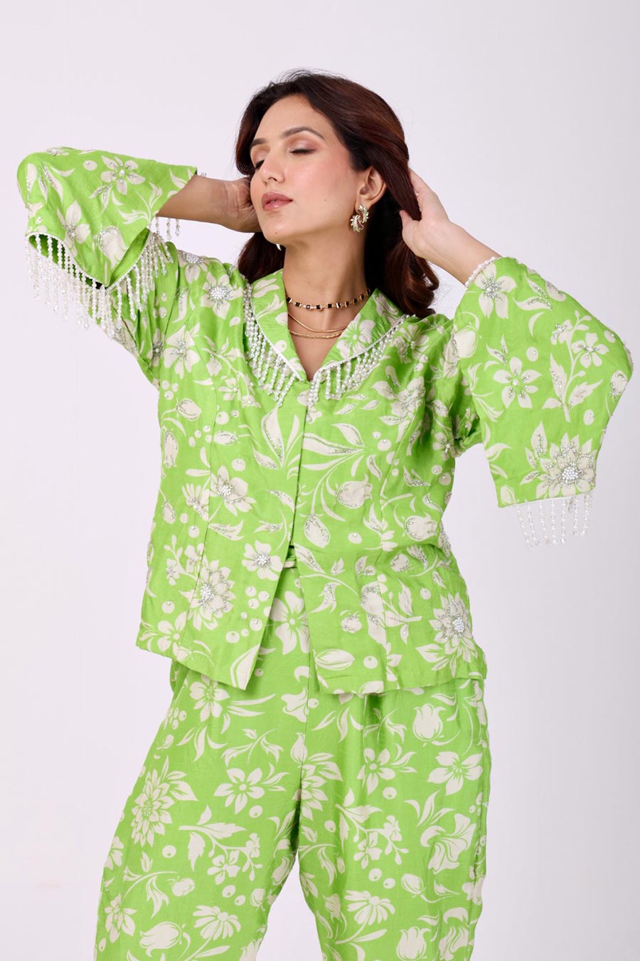 Green Floral Embroidered Jacket & Pant Set