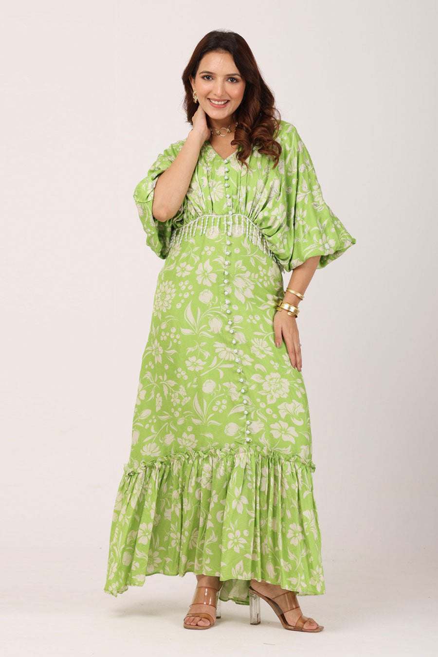 Green Floral Embroidered Gathered Dress