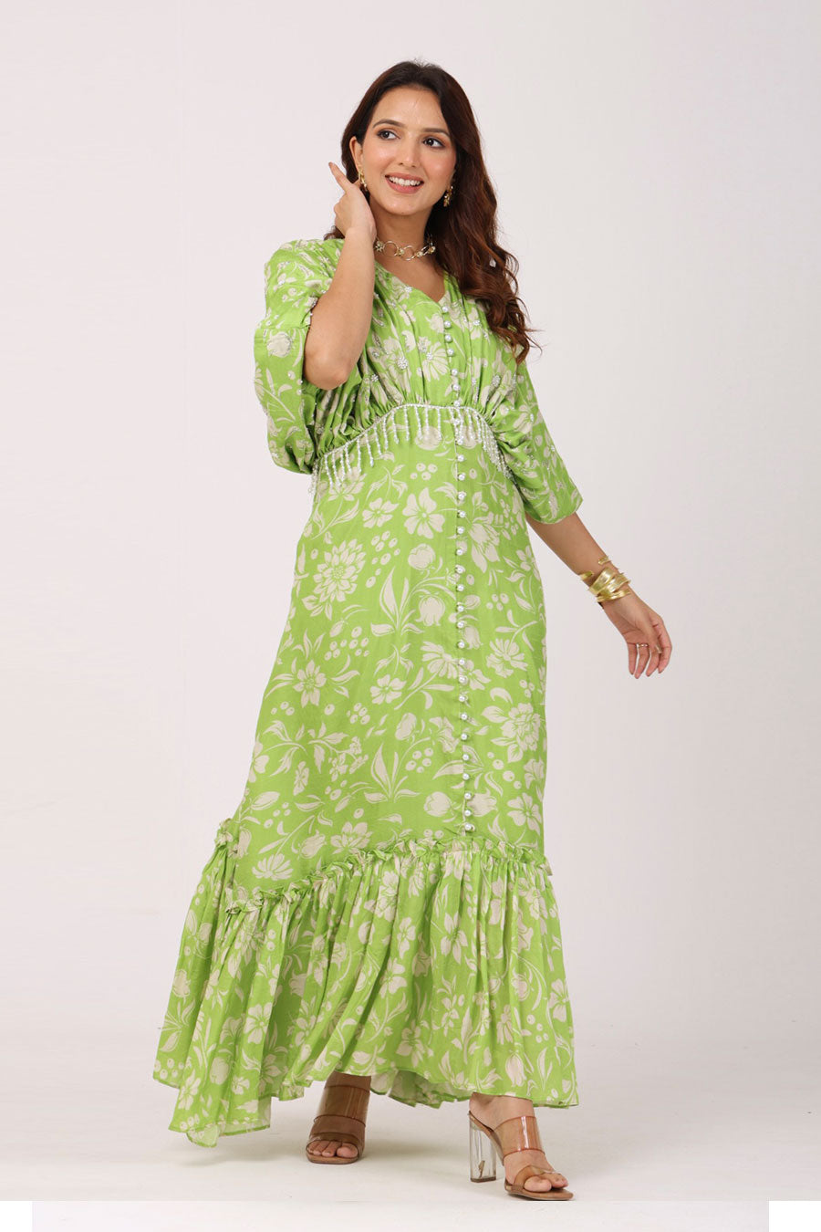 Green Floral Embroidered Gathered Dress