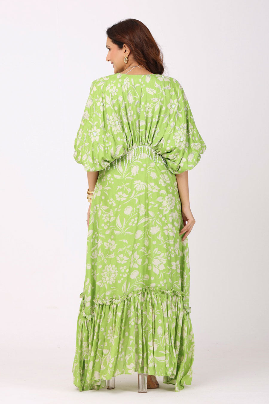 Green Floral Embroidered Gathered Dress